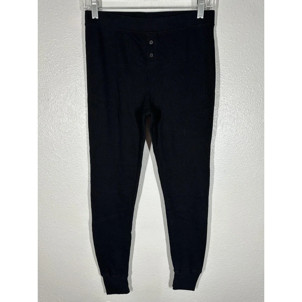 Old Navy Thermal Pants Mens Medium Black Waffle Knit‎ Button Fly Base Layer